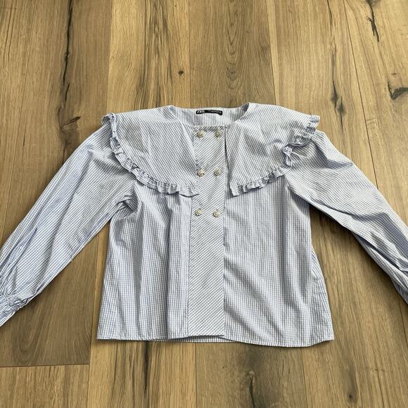 Zara Peter Pan Collar Blue White Checked Rhinestone Buttons Size Small EUC - Picture 2 of 9